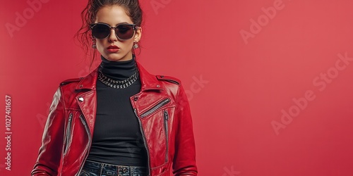 A young woman confidently poses, wearing a bold red leather jacket over a black turtleneck, complemented by fashionable sunglasses. The vibrant pink backdrop enhances her modern and edgy look, capturi photo