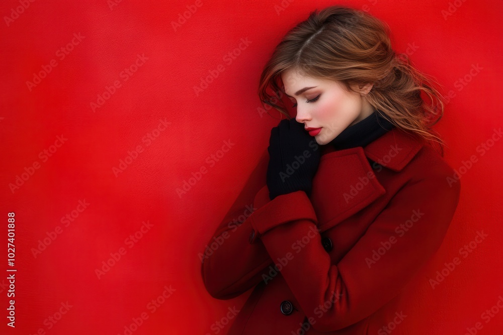 A young woman stands elegantly with her head slightly bowed, wearing a vibrant red coat and black gloves. She is positioned in front of a striking red wall, creating a bold contrast while showcasing h A young woman stands elegantly with her head slightly bowed, wearing a vibrant red coat and black gloves. She is positioned in front of a striking red wall, creating a bold contrast while showcasing h