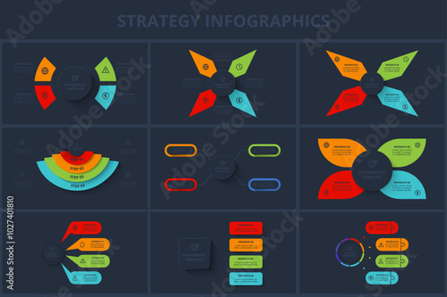 Set Strategy iinfographic. with 4 steps or processes. Template for web on a black background. photo