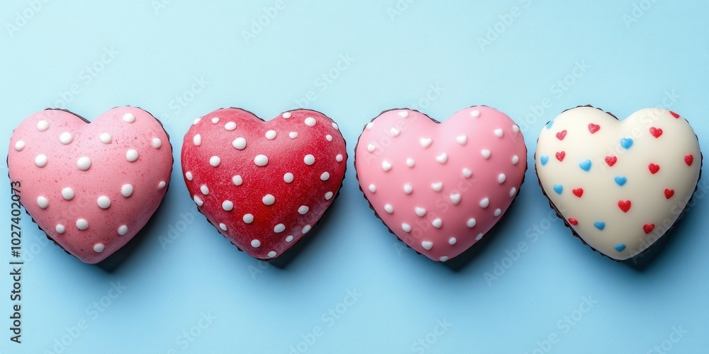 Four vibrant heart-shaped cookies sit in a row on a bright blue surface. Each cookie features a unique design, with colorful sprinkles and patterns, making them ideal for celebrations or sweet treats. Four vibrant heart-shaped cookies sit in a row on a bright blue surface. Each cookie features a unique design, with colorful sprinkles and patterns, making them ideal for celebrations or sweet treats.