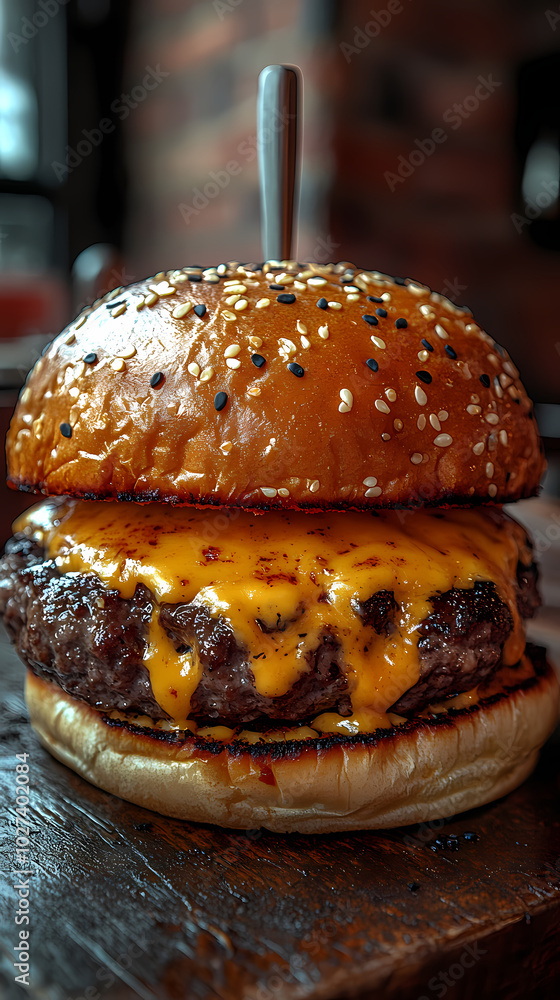 Delicious gourmet hamburger with meat, bacon, cheddar, tomato, lettuce, special sauce, onion and pickles ready to eat Delicious gourmet hamburger with meat, bacon, cheddar, tomato, lettuce, special sauce, onion and pickles ready to eat