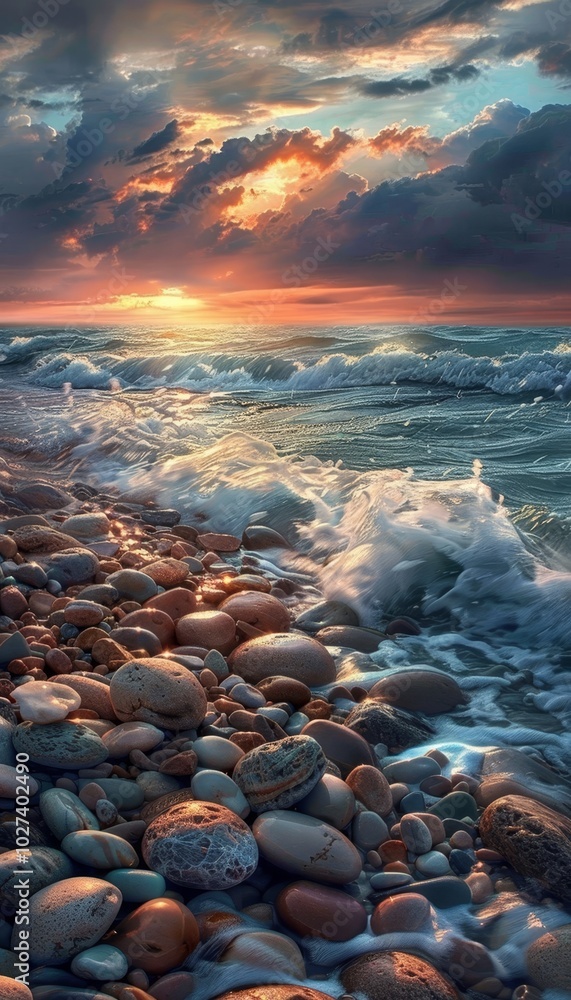 Obraz premium Stunning beach scene pebbles and smooth stones amidst stormy waves and sunset reflections