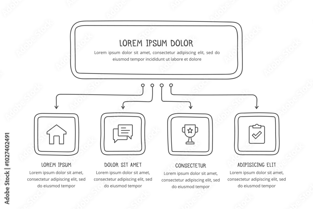 Hand drawn flow chart template with four elements, doodle infographics, vector eps10 illustration Hand drawn flow chart template with four elements, doodle infographics, vector eps10 illustration