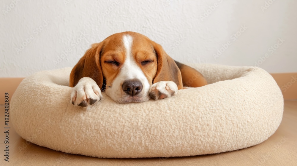 Cute beagle puppy sleeping peacefully on a soft cozy pillow bed Cute beagle puppy sleeping peacefully on a soft cozy pillow bed