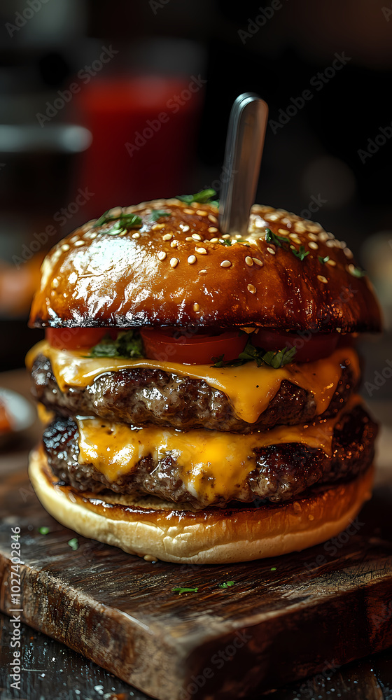 Delicious gourmet hamburger with meat, bacon, cheddar, tomato, lettuce, special sauce, onion and pickles ready to eat Delicious gourmet hamburger with meat, bacon, cheddar, tomato, lettuce, special sauce, onion and pickles ready to eat