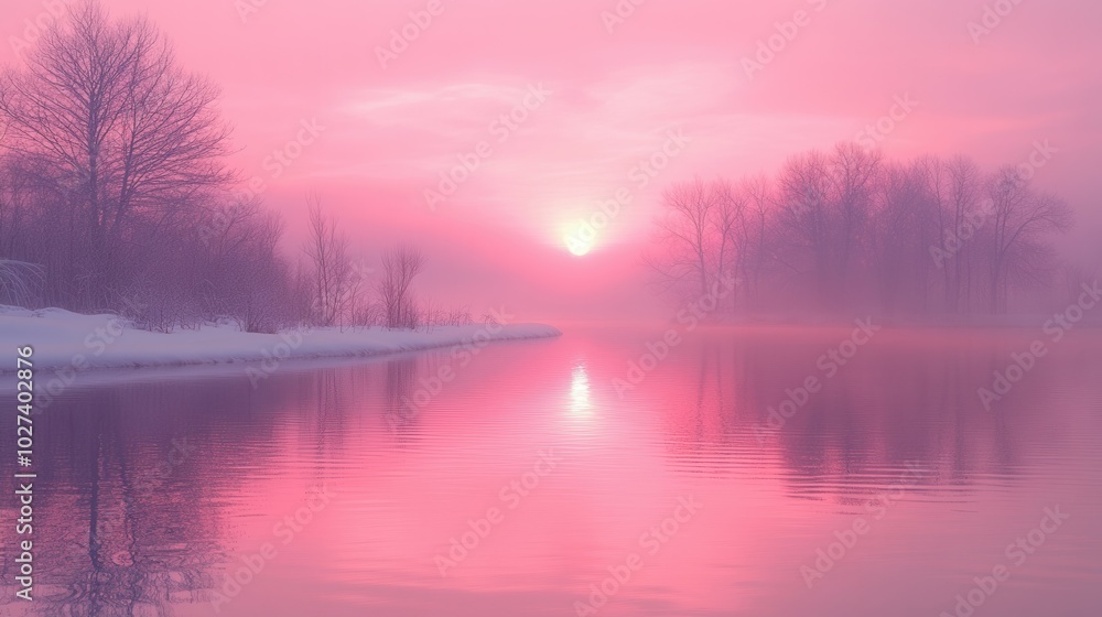A tranquil river reflects the gentle pink light of a rising sun, surrounded by delicate trees fading into the mist. The winter landscape creates a calm atmosphere, inviting peaceful contemplation at d A tranquil river reflects the gentle pink light of a rising sun, surrounded by delicate trees fading into the mist. The winter landscape creates a calm atmosphere, inviting peaceful contemplation at d
