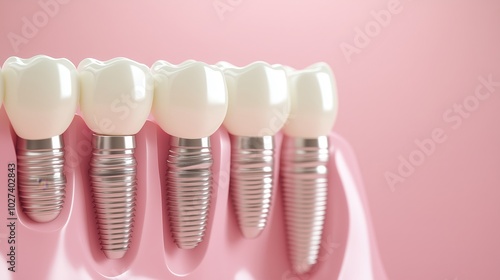 Dental implants on pink background: realistic close-up of prosthetic teeth in gums