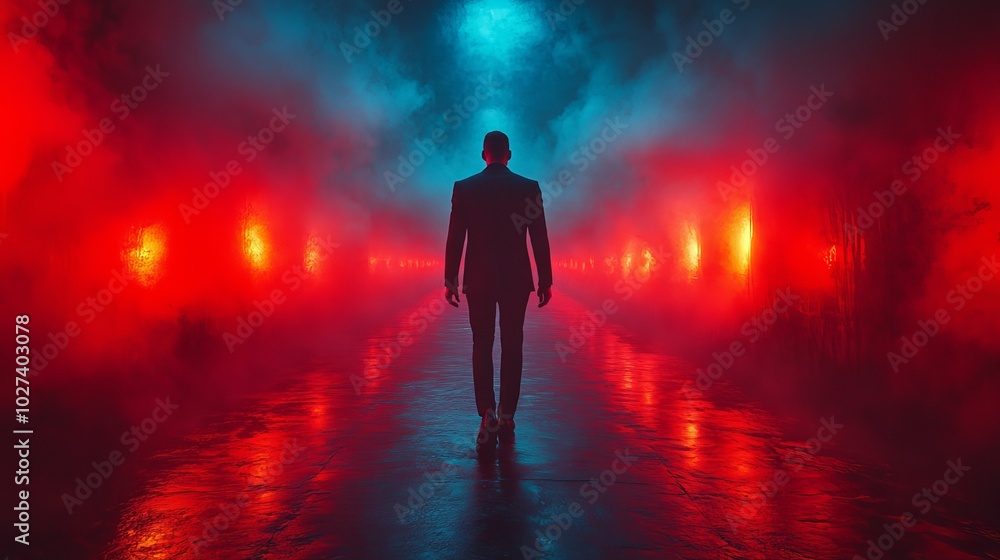 A man walks down a dark, smokey tunnel A man walks down a dark, smokey tunnel