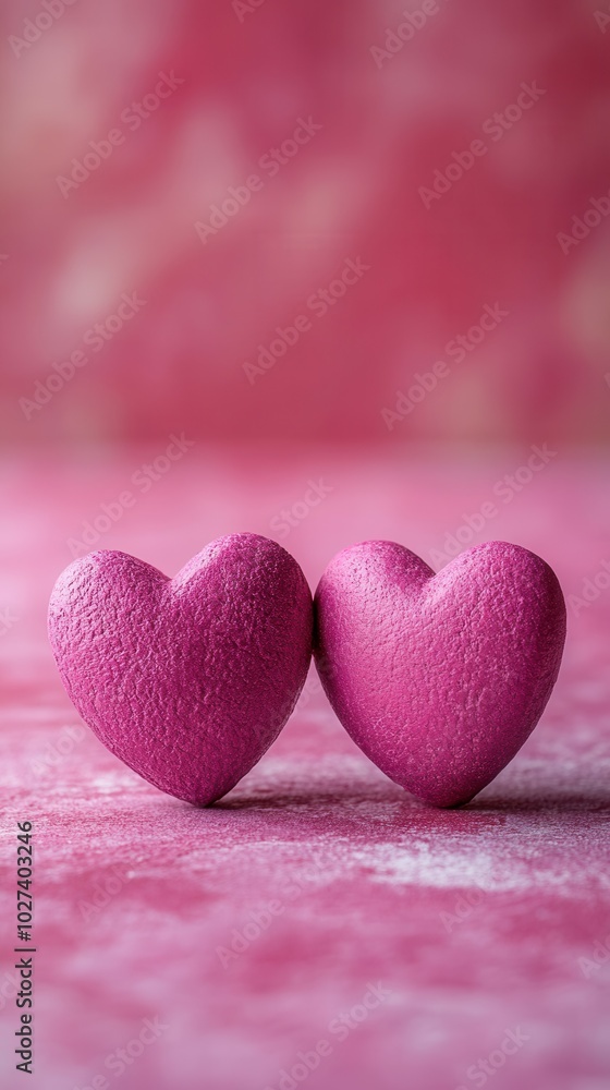 Obraz premium Two pink heart-shaped decorations rest side by side on a soft pink textured surface. The gentle hues and smooth textures create a romantic and cheerful atmosphere, perfect for celebrating love or spec