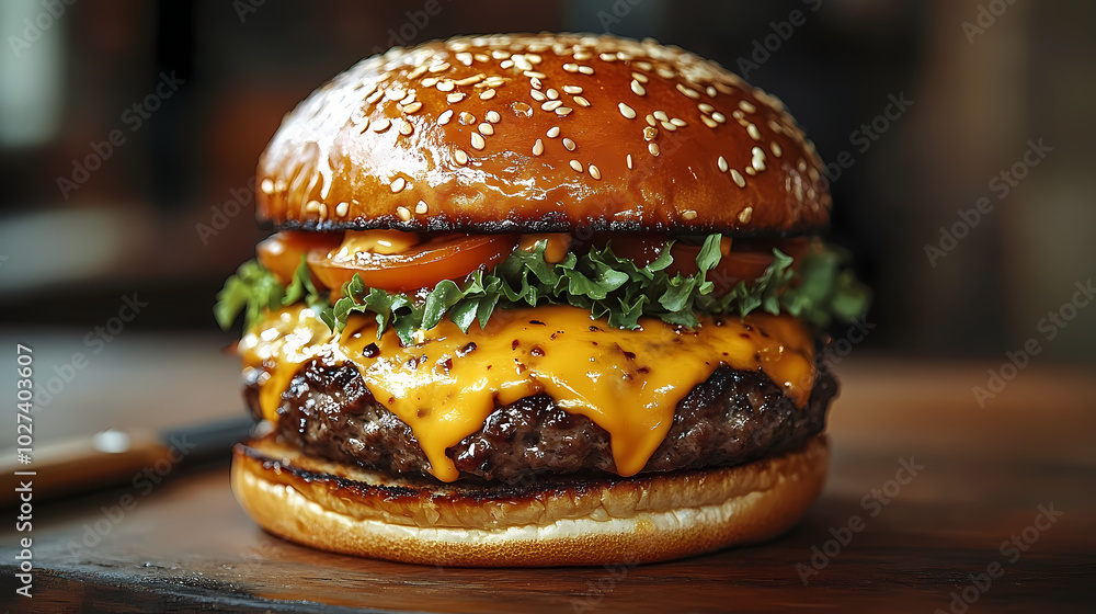 Delicious gourmet hamburger with meat, bacon, cheddar, tomato, lettuce, special sauce, onion and pickles ready to eat Delicious gourmet hamburger with meat, bacon, cheddar, tomato, lettuce, special sauce, onion and pickles ready to eat