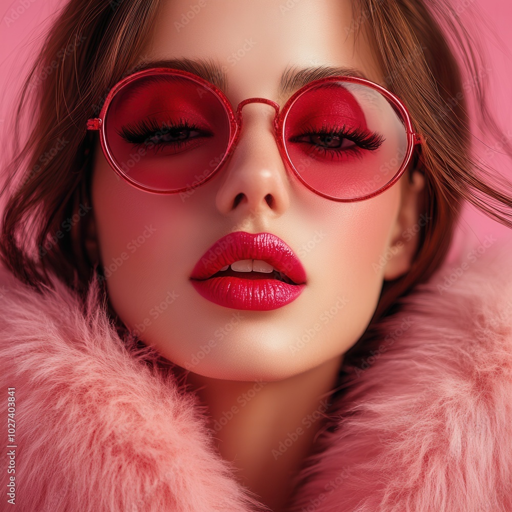 The young woman showcases vibrant pink sunglasses and striking lipstick, set against a soft pink backdrop. She exudes confidence and style, with a fluffy pink coat that adds a playful touch to her fas The young woman showcases vibrant pink sunglasses and striking lipstick, set against a soft pink backdrop. She exudes confidence and style, with a fluffy pink coat that adds a playful touch to her fas