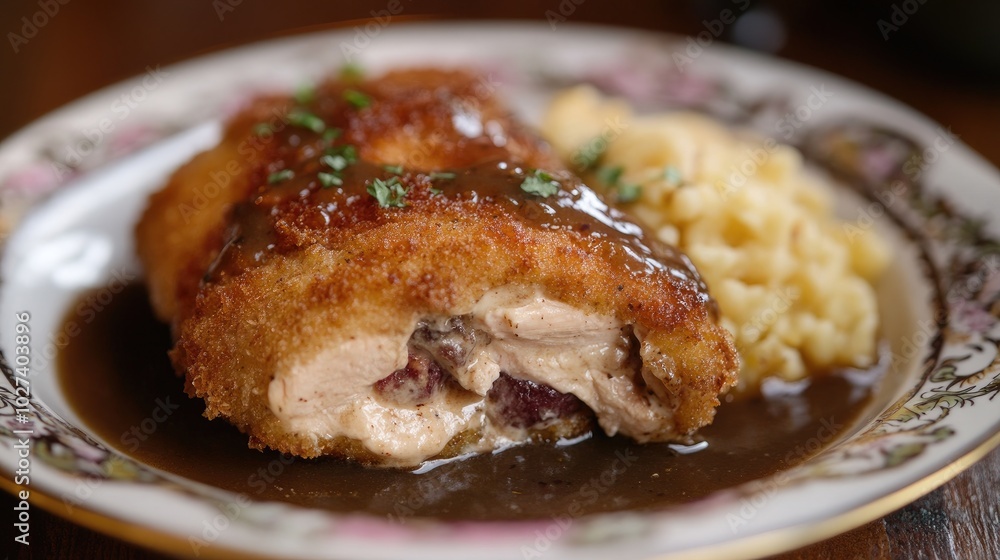 Gourmet Chicken Cordon Bleu on Plate with Sauce Gourmet Chicken Cordon Bleu on Plate with Sauce