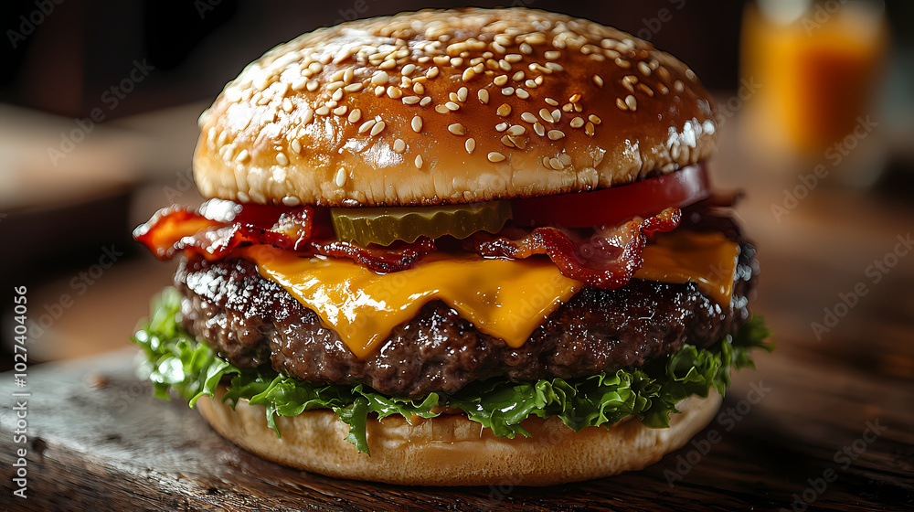 Delicious gourmet hamburger with meat, bacon, cheddar, tomato, lettuce, special sauce, onion and pickles ready to eat Delicious gourmet hamburger with meat, bacon, cheddar, tomato, lettuce, special sauce, onion and pickles ready to eat