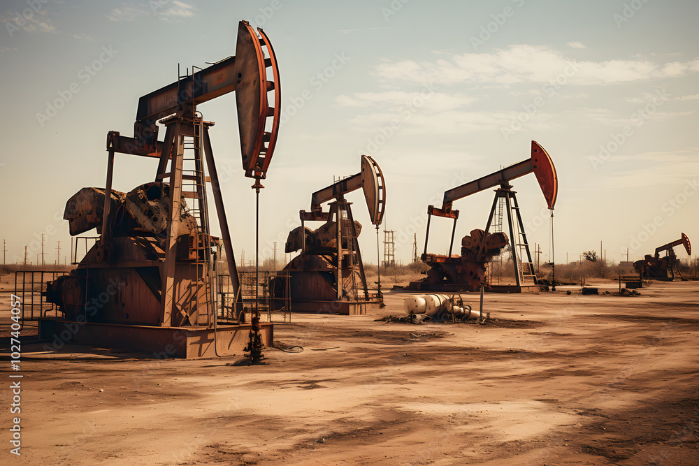 oil pumps on oil field, industrial oil field, oil production oil pumps on oil field, industrial oil field, oil production