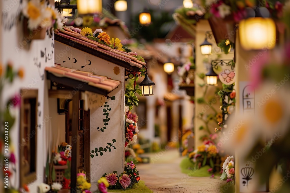 Miniature festive street with colorful flowers and lanterns Miniature festive street with colorful flowers and lanterns