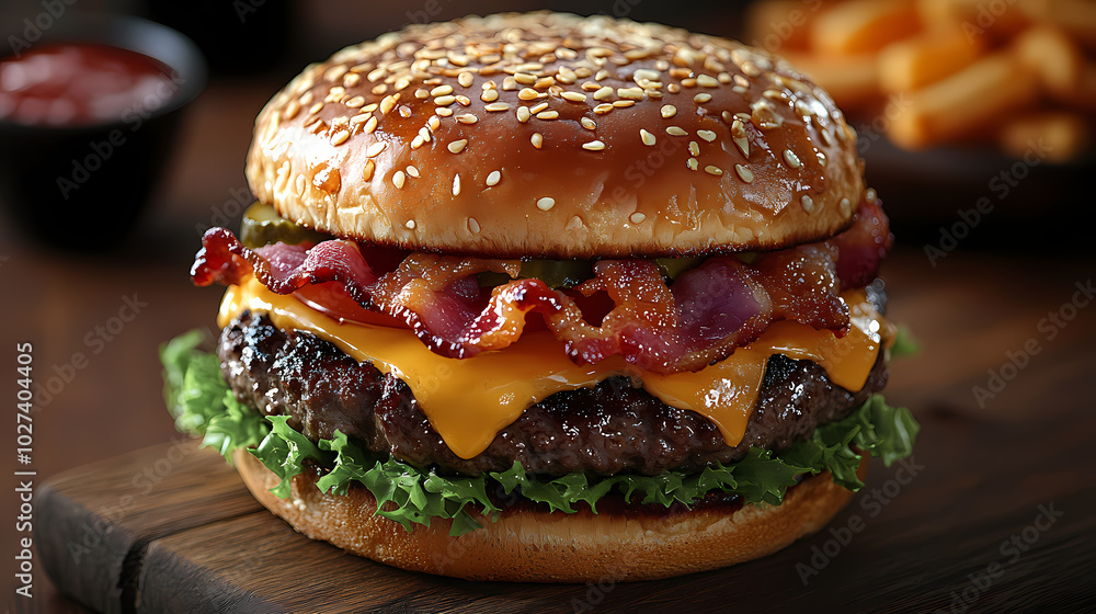 Delicious gourmet hamburger with meat, bacon, cheddar, tomato, lettuce, special sauce, onion and pickles ready to eat Delicious gourmet hamburger with meat, bacon, cheddar, tomato, lettuce, special sauce, onion and pickles ready to eat