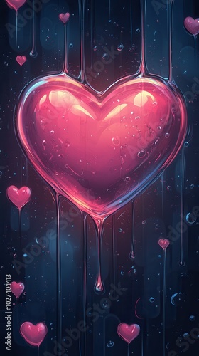 The artwork features a large, glossy heart shape in vibrant pink, surrounded by smaller hearts. They appear to be melting or dripping, with water droplets reflecting light, creating a romantic and enc photo