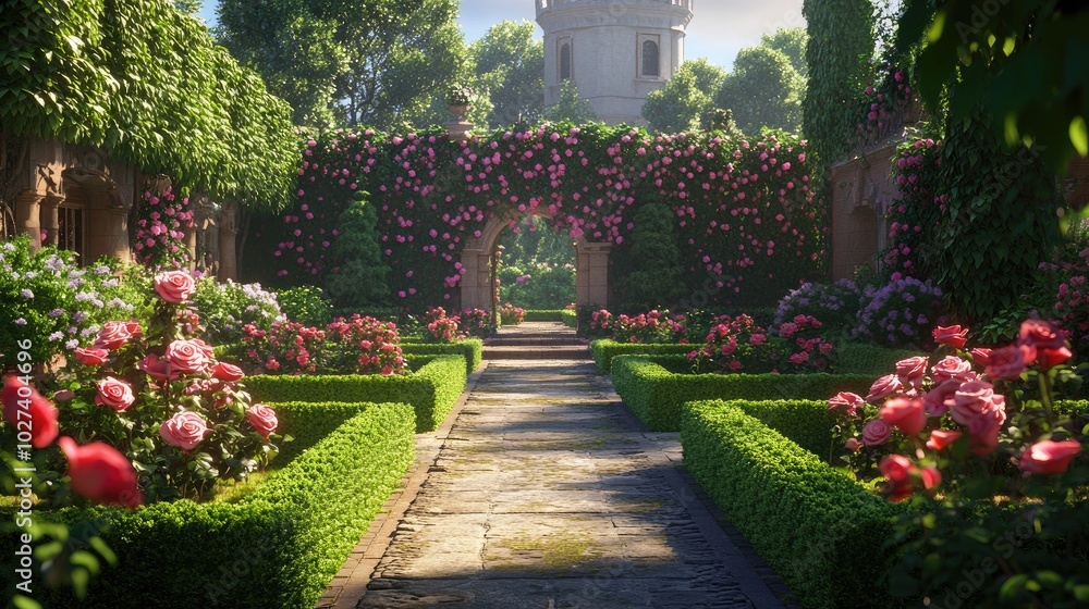Fototapeta premium Lush Garden Pathway with Blooming Roses