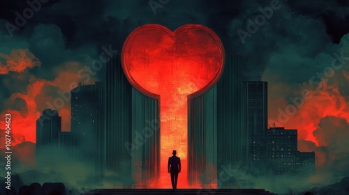 A lone figure approaches a massive heart-shaped doorway radiating bright red light, set against a dark, cloud-filled skyline. The intense colors contrast with shadowy buildings, creating a surreal atm photo