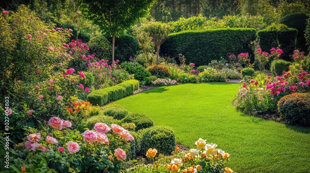 Obraz premium Lush Garden with Vibrant Roses in Full Bloom