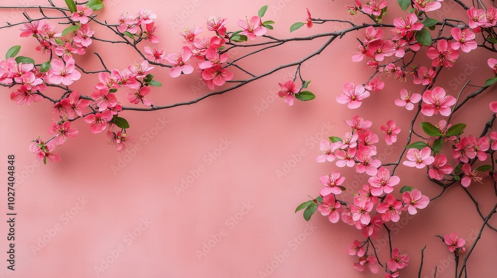 The soft pink background is adorned with delicate cherry blossom branches, showcasing vibrant blooms and fresh green leaves.