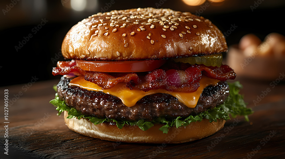 Delicious gourmet hamburger with meat, bacon, cheddar, tomato, lettuce, special sauce, onion and pickles ready to eat Delicious gourmet hamburger with meat, bacon, cheddar, tomato, lettuce, special sauce, onion and pickles ready to eat