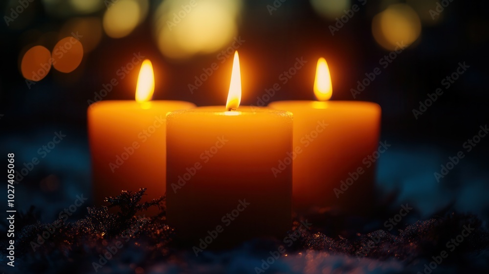 Three lit candles create a warm ambiance against a darkening winter backdrop. The flickering flames cast a comforting glow, enhancing the peaceful feeling of the evening and inviting reflective moment Three lit candles create a warm ambiance against a darkening winter backdrop. The flickering flames cast a comforting glow, enhancing the peaceful feeling of the evening and inviting reflective moment