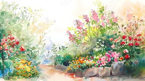 A watercolor painting of a flower garden.