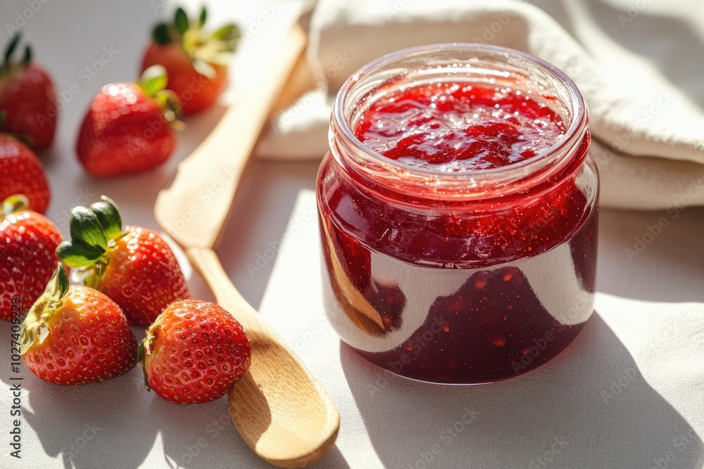 Strawberry Jam Jar Close-Up with Fresh Strawberries and Wooden Spoon in Neutral Kitchen Setting Strawberry Jam Jar Close-Up with Fresh Strawberries and Wooden Spoon in Neutral Kitchen Setting