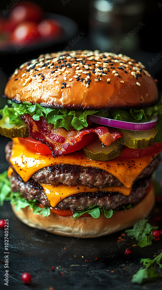 Delicious gourmet hamburger with meat, bacon, cheddar, tomato, lettuce, special sauce, onion and pickles ready to eat Delicious gourmet hamburger with meat, bacon, cheddar, tomato, lettuce, special sauce, onion and pickles ready to eat