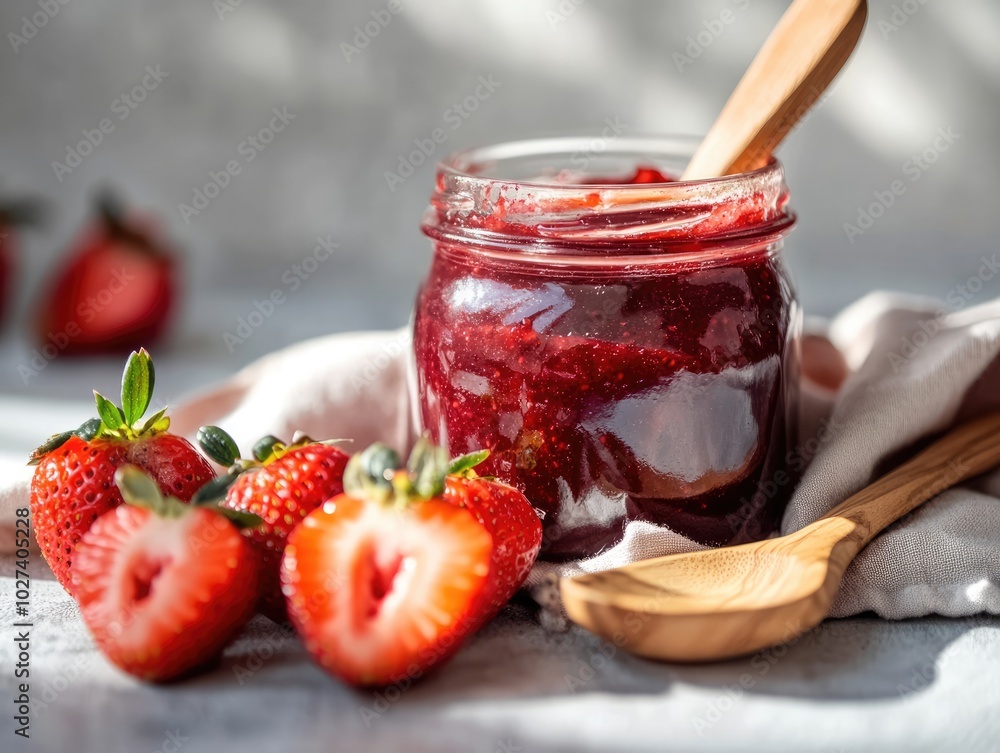 Strawberry Jam Jar Close-Up with Fresh Strawberries and Wooden Spoon in Neutral Kitchen Setting Strawberry Jam Jar Close-Up with Fresh Strawberries and Wooden Spoon in Neutral Kitchen Setting