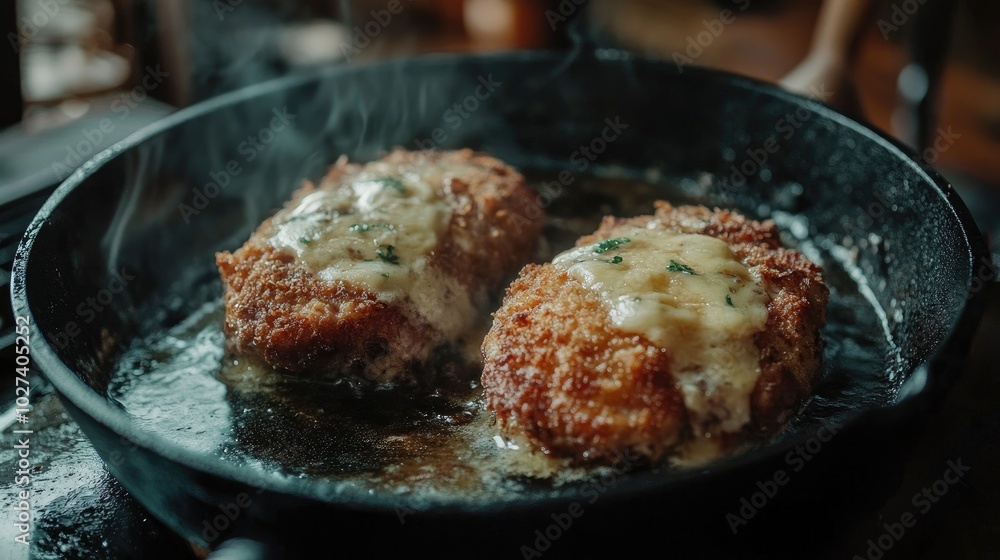 Sizzling Fried Chicken Cordon Bleu in Cast Iron Pan Sizzling Fried Chicken Cordon Bleu in Cast Iron Pan