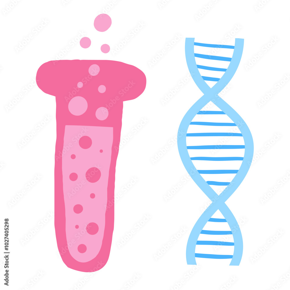 Cute science theme composition, postcard with funny hand drawn doodle dna spiral structure shape, test tube. School, science, education objects set Cute science theme composition, postcard with funny hand drawn doodle dna spiral structure shape, test tube. School, science, education objects set