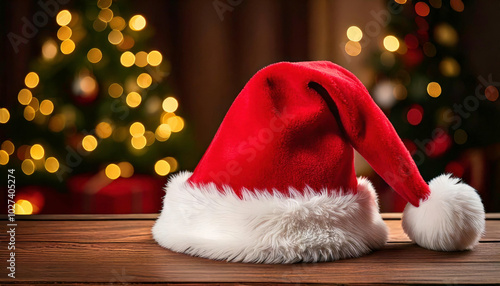 Santa claus hat resting on table with christmas tree background