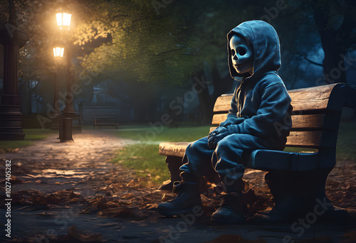 Ghost of a Skinless Child Sitting on a Bench in an Abandoned Park His muscles and bones were clearly visible in the moonlight.