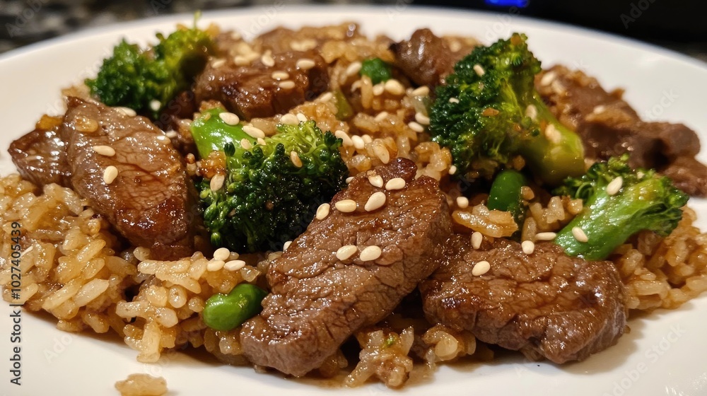 Beef Fried Rice with Fresh Broccoli and Sesame Seeds Beef Fried Rice with Fresh Broccoli and Sesame Seeds