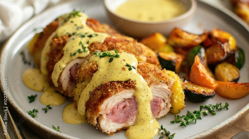 Delicious Chicken Cordon Bleu With Sauce and Vegetables Delicious Chicken Cordon Bleu With Sauce and Vegetables