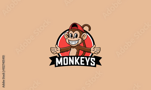 Cheerful monkey in a red cap logo with open arms.