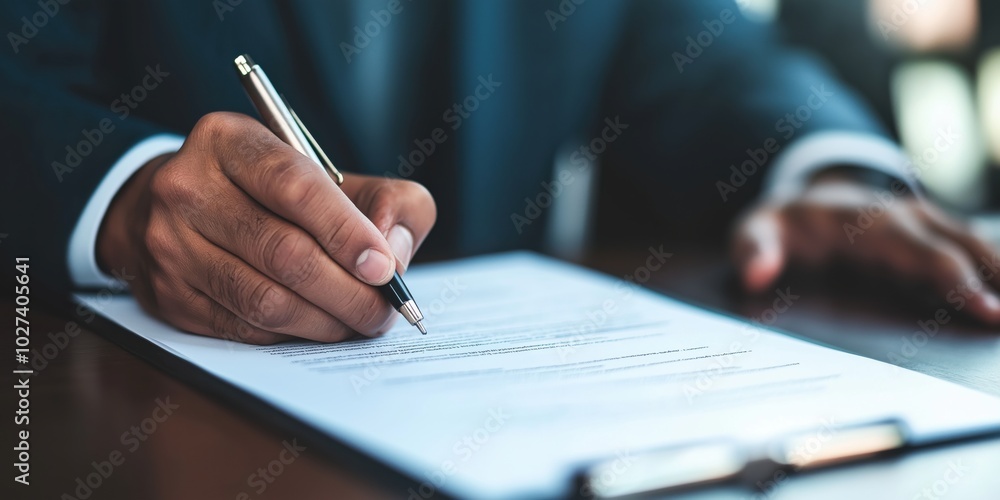 A close-up shot of a man in a suit attentively signing a document, emphasizing precision, responsibility, and the importance of formal agreements in a professional setting. A close-up shot of a man in a suit attentively signing a document, emphasizing precision, responsibility, and the importance of formal agreements in a professional setting.