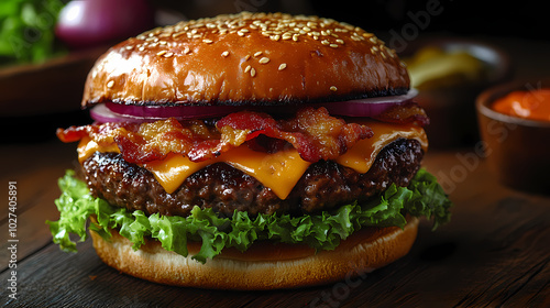 Delicious gourmet hamburger with meat, bacon, cheddar, tomato, lettuce, special sauce, onion and pickles ready to eat