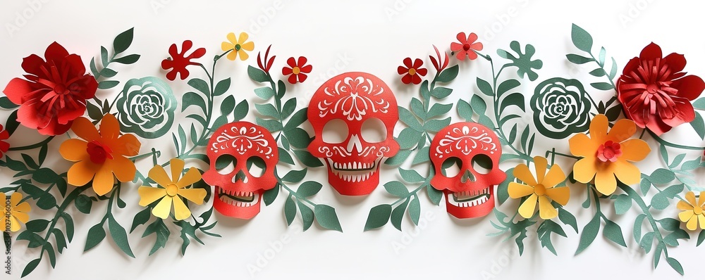 Bright paper skull and flower garland for Dia de los Muertos. Bright paper skull and flower garland for Dia de los Muertos.