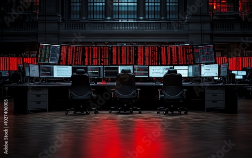 Dark trading floor with multiple screens, showcasing financial data and market activity.