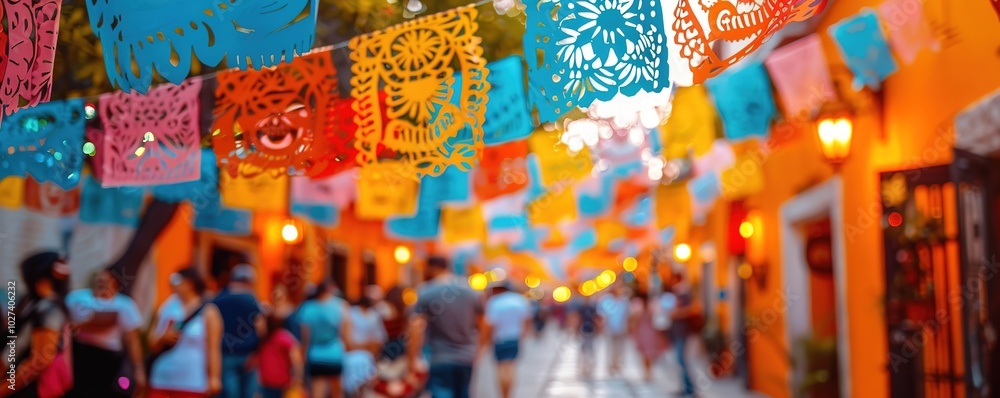 Fototapeta premium Colorful papel picado streamers on Mexican street festival