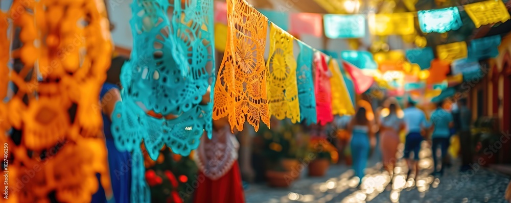 Fototapeta premium Colorful paper decorations at Mexican market, vibrant festive at