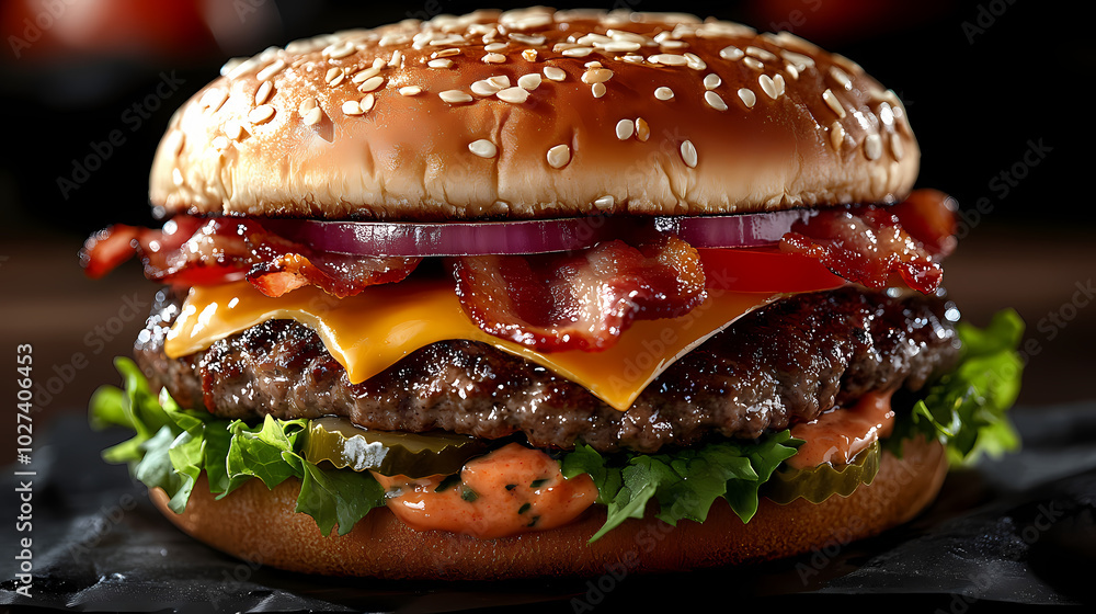 Delicious gourmet hamburger with meat, bacon, cheddar, tomato, lettuce, special sauce, onion and pickles ready to eat Delicious gourmet hamburger with meat, bacon, cheddar, tomato, lettuce, special sauce, onion and pickles ready to eat