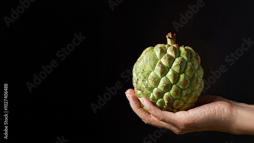 Hand holding ripe sugar apple against dark background