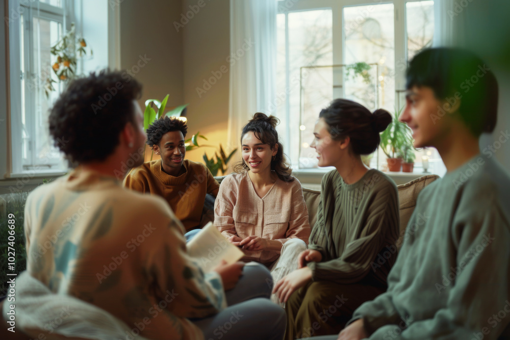 Group of young friends casually talking in a cozy living room with natural light, surrounded by plants and comfortable seating. Group of young friends casually talking in a cozy living room with natural light, surrounded by plants and comfortable seating.
