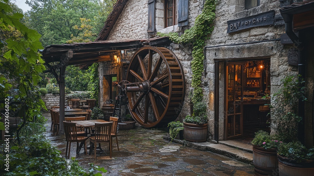 A charming stone building with a large wooden water wheel, a patio with tables and chairs, and a door leading into the interior. A charming stone building with a large wooden water wheel, a patio with tables and chairs, and a door leading into the interior.