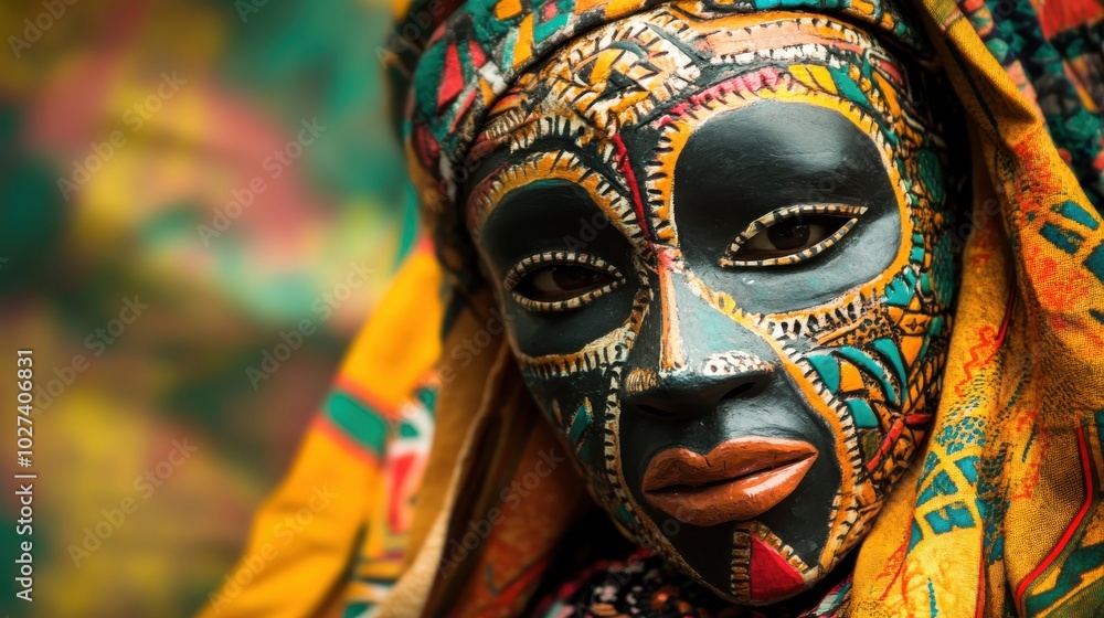 A person wearing a traditional African mask during a cultural celebration, with vibrant colors and detailed craftsmanship, set against a festive background A person wearing a traditional African mask during a cultural celebration, with vibrant colors and detailed craftsmanship, set against a festive background