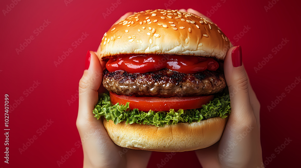 Delicious gourmet hamburger with meat, bacon, cheddar, tomato, lettuce, special sauce, onion and pickles ready to eat Delicious gourmet hamburger with meat, bacon, cheddar, tomato, lettuce, special sauce, onion and pickles ready to eat